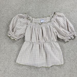 Old Navy Womens Top Small Cream Green Plaid Puff Sleeve Ruffle Trim Smocked Crop